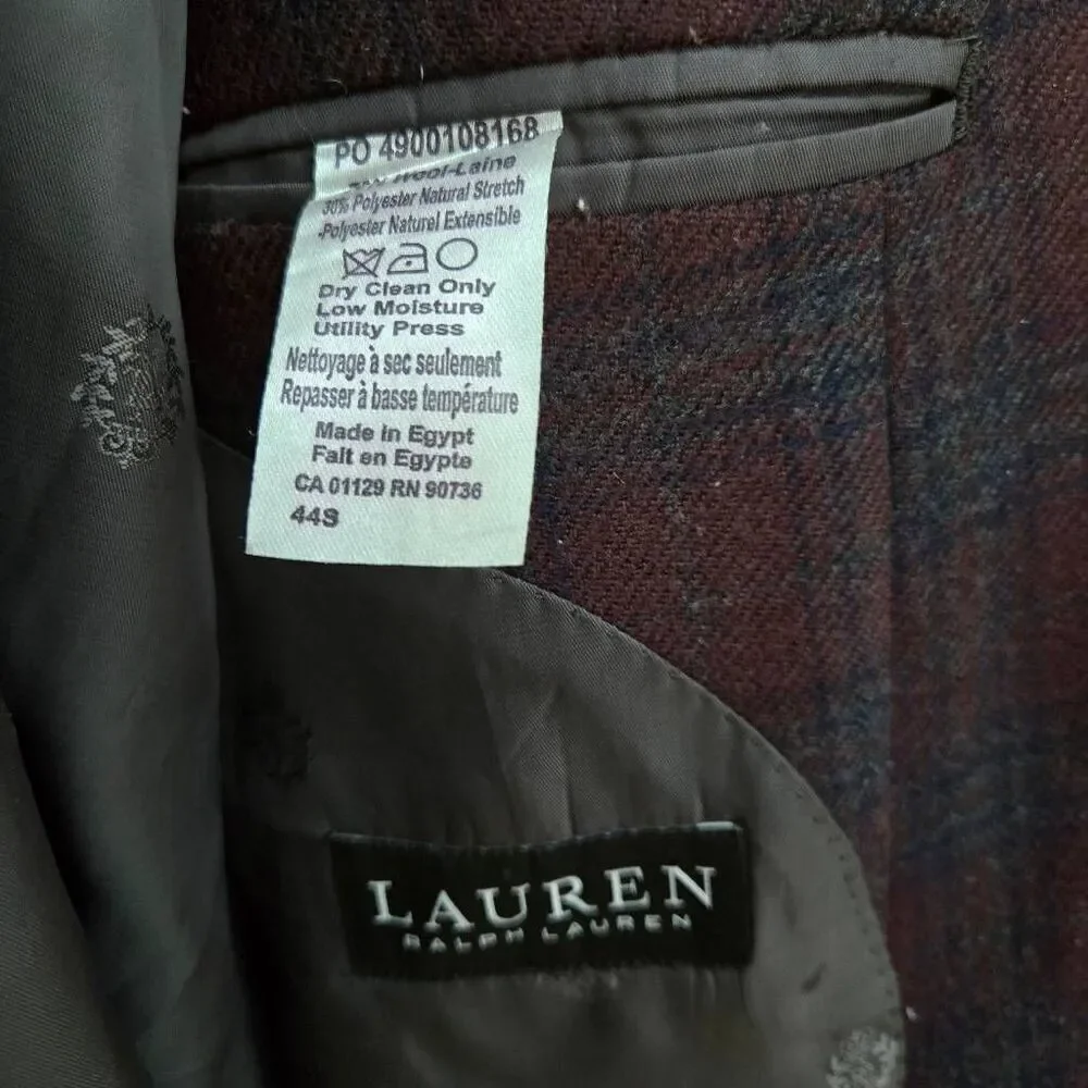 Lauren Ralph Lauren Plaid Wool Blend Blazer Size 44S Tartan Classic